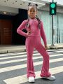 SHEIN Kids Cooltwn Teen Girls' Street Style Knit Ribbed Sportswear Set