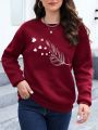 Feather & Heart Print Drop Shoulder Sweatshirt