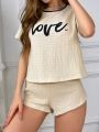 Women's Letter Print Round Neck Short Sleeve T-Shirt And Shorts Homewear Set