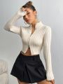 Zip Up Ribbed Knit Crop Cardigan