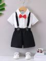 Baby Boys' Short Sleeve Butterfly Bow Tie Shirt + Casual Suspender Shorts 2pcs Outfit Set