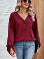 Rolled Cuff Solid Color V-Neck T-Shirt