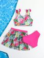 Little Girls' Flamingo & Tropical Flower Pattern Bikini Swimsuit With Bowknot Matching Half Skirt & Beachwear, Spring/Summer