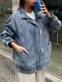 FRIFUL Women's Horn Button Drop-Shoulder Long Sleeve Denim Jacket