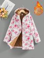 SHEIN Kids Nujoom Teenage Girls' Flower Print Long Hooded Coat With Fleece Lining