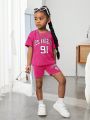 SHEIN Kids Cooltwn Young Girl Letter Graphic Drop Shoulder Tee & Shorts