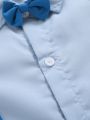 Boys' Blue Short Sleeve Shirt With Suspenders And Long Pants Suit, Gentleman Style