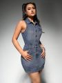 SHEIN ICON Women'S Sleeveless Denim Shirt Dress