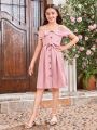 SHEIN Kids FANZEY Tween Girl Off-Shoulder Double Layered Flounce Dress With Detachable Waistbelt