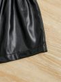 SHEIN Kids FANZEY Young Girl Paperbag Waist Button Detail PU Leather Shorts