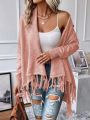 SHEIN LUNE Women's V-neckline Fringe Trim Shawl Collar Open Front Cardigan