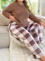 Plus Size Womens' Plush Top And Checked Pants Pajama Set