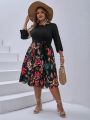 SHEIN VCAY Plus Size Flower Print Dress With Scallop Edges