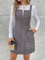 SHEIN LUNE Women'S Plaid Zipper Front Overalls Dress