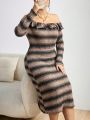 SHEIN Privé Lace Trimmed Striped Plus Size Bodycon Off Shoulder Dress For Women