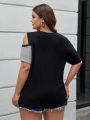 SHEIN LUNE Plus Size Women'S Contrast Color Off Shoulder T-Shirt