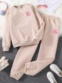 SHEIN Two-piece Set Of Casual Round Neck Textured Sweatshirt And Sweatpants For Older Girls In Autumn