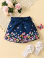 SHEIN Kids SUNSHNE Young Girl Butterfly And Flower Printed Blue Shorts For Summer Vacation