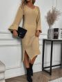 SHEIN LUNE Button Detail Flare Sleeve Split Hem Sweater Dress