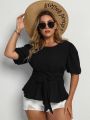 Plus Puff Sleeve Belted Blouse