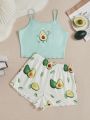 SHEIN Teen Girls' Avocado Patterned Camisole Top And Shorts Set For Home Wear