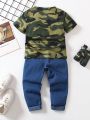 Toddler Boys' Camouflage Letter Printed Short Sleeve T-Shirt With Elastic Waist Washed Ripped Jeans Pants