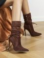 Fashionable Folded Style Stiletto Heel Pointed Toe Women's Ankle Boots With Side Zipper