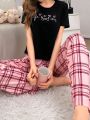 Women'S Letter & Heart Printed Short Sleeve Top Plaid Pants Pajama Set