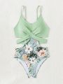 Teenage Girl's Tropical Print Patchwork Hollow Out One Piece Swimsuit