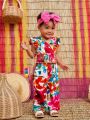 SHEIN Baby Girls' Summer Holiday Floral Pattern Short Sleeve Top And Pants Set