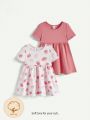 Cozy Cub Baby Girls' Short Sleeve Cartoon Patterned A-Line Dress With Elastic Waistband, 2pcs/Set