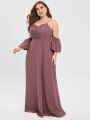 Plus Cold Shoulder Lantern Sleeve Ruched Waist Maxi Bridesmaid Dress