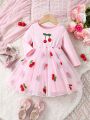 Baby Girls' Fashionable Cherry Print Mesh Splice Casual Dress