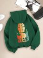 Women's Green Hooded Regular Fit Printed Sweatshirt