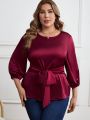 EMERY ROSE Plus Size Lantern Sleeve Belted Satin Shirt