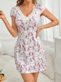 Women's Rabbit Printed Lace Stitching Nightgown