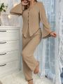 Women's Contrast Color Lettuce Edge Long Sleeve & Long Pants Pajama Set