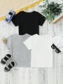 3pcs/Set Toddler Boys' Colorful Earphone & Letter & Cartoon Car Printed T-Shirts With New Year Slogan