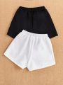 SHEIN Kids EVRYDAY Girls' Knitted Monochrome Butterfly Pattern Loose And Casual Shorts 2pcs/set