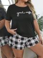 Plus-size Letter Print Short Sleeve T-shirt And Plaid Shorts Pajama Set