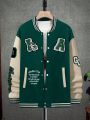 Men Slogan & Figure Graphic Striped Trim Colorblock Varsity Jacket