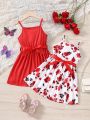 SHEIN Kids SUNSHNE Toddler Girls' 2pcs/Set Vacation Style Floral Print & Solid Color Belted Cami Dress