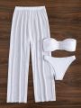 SHEIN Swim BohoFeel Mono Bikini Set U-Wired Bandeau Bra Top & Bikini Bottom & Beach Pants 3 Piece Swimsuit