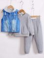 Boys' Street Fashion Denim Vest With Casual Solid Color Long Sleeve Hoodie And Jogger Pants