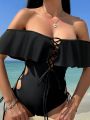 SHEIN Swim BAE Off Shoulder Solid Color One-Piece Swimsuit With Straps