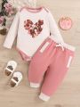 Infant Girls' Cute Romantic Heart & Floral Printed Patchwork Long Sleeve Jumpsuit And Trousers Set