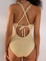 SHEIN Swim Mod One-piece Lace Splice Cross Back Swimsuit