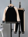 Young Boy Letter Pattern Striped Trim Raglan Sleeve Cardigan & Knit Pants