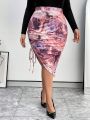 SHEIN Privé Plus Size Women'S Marble Print Drawstring Hem Skirt