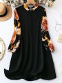 SHEIN LUNE Plus Size Print Patchwork Collar Long Sleeve Dress